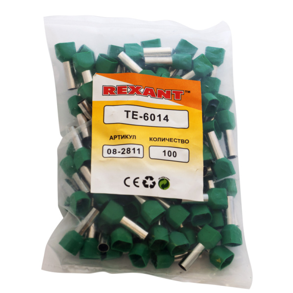 Наконечник штыревой втулочный изолированный F-14 мм 2х6 мм² (НШВи(2) 6.0-14/НГи2 6,0-14) зеленый REXANT