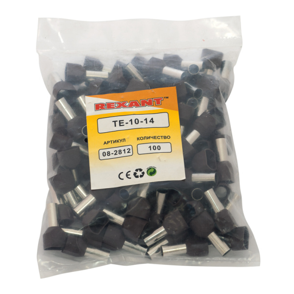 Наконечник штыревой втулочный изолированный F-14 мм 2х10 мм² (НШВи(2) 10-14/НГи2 10-14) красный REXANT