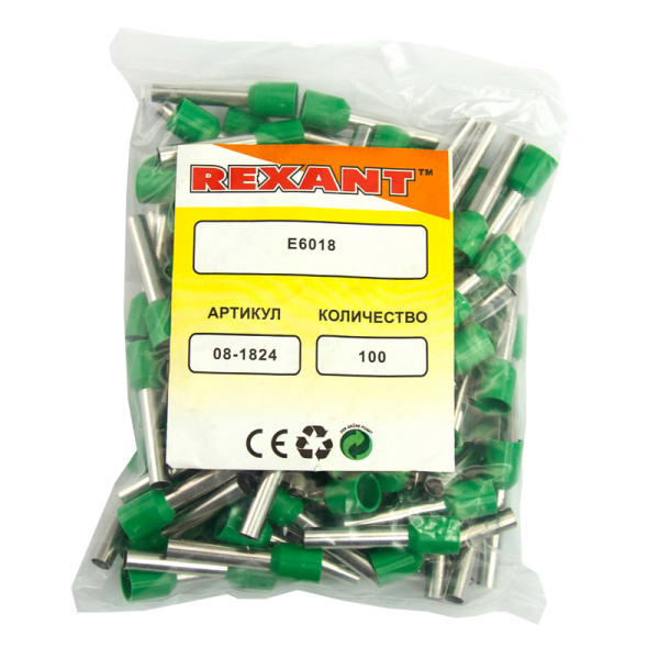 Наконечник штыревой втулочный изолированный F-18 мм 6 мм² (НШВи 6.0-18) зеленый REXANT
