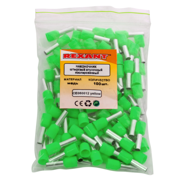 Наконечник штыревой втулочный изолированный F-12 мм 6 мм² (НШВи 6.0-12 / Е 6,0-12/E6012) зеленый REXANT