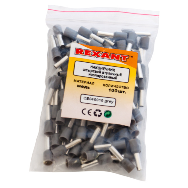 Наконечник штыревой втулочный изолированный F-9 мм 4 мм² (НШВи 4.0-9) серый REXANT