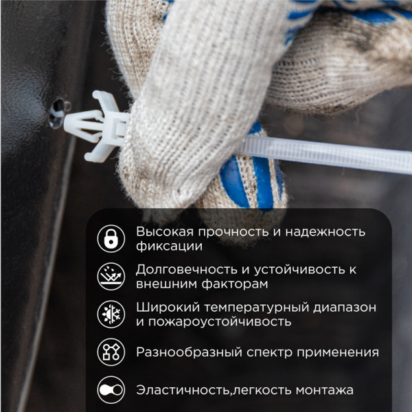 Стяжка нейлоновая с крепежным пистоном 100x2,5мм, ø 2,4мм, белая (100 шт/уп) REXANT