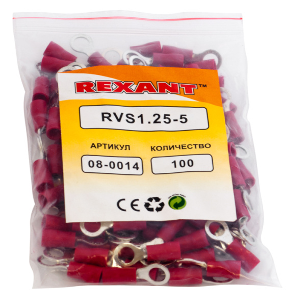 Наконечник кольцевой изолированный ø 5.3 мм 0.5-1.5 мм² (НКи 1.5-5/НКи 1,25-5) красный REXANT