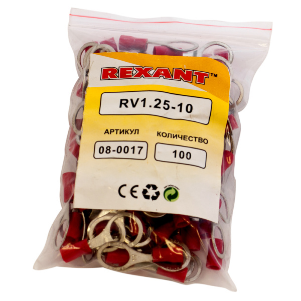 Наконечник кольцевой изолированный ø 10.5 мм 0.5-1.5 мм² (НКи 1.5-10) красный REXANT
