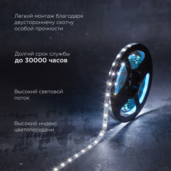 Лента светодиодная 12В, SMD2835, 9,6Вт/м, 60 LED/м, 6500K, 8мм, 5м, IP20 REXANT