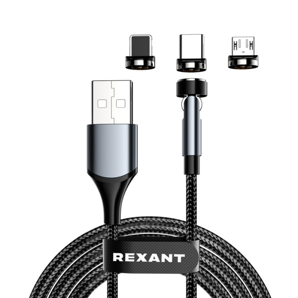 Кабель USB 3в1 со съемными магнитными портами, Type-С (2A), Lightning (2,4A), Micro USB (2A), 1,2м, в черной оплетке, с LED подсветкой REXANT