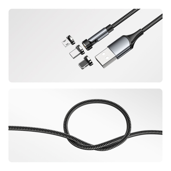 Кабель USB 3в1 со съемными магнитными портами, Type-С (2A), Lightning (2,4A), Micro USB (2A), 1,2м, в черной оплетке, с LED подсветкой REXANT