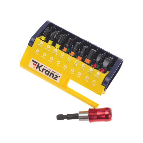 Набор бит с магнитным держателем, пластиковый кейс,  19 шт KRANZ