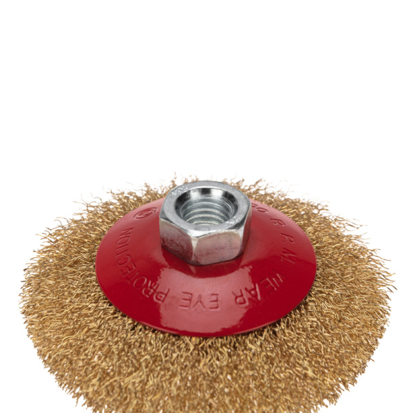 Щетка коническая для УШМ, витая латунированная проволока, 100мм, М14 KRANZ