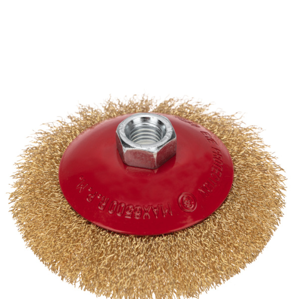 Щетка коническая для УШМ, витая латунированная проволока, 115мм, М14 KRANZ