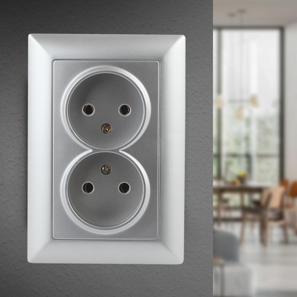 Розетка Intro Solo 4-204-03 без заземления двойная 2х2P, 16А-250В, IP20, СУ, алюминий