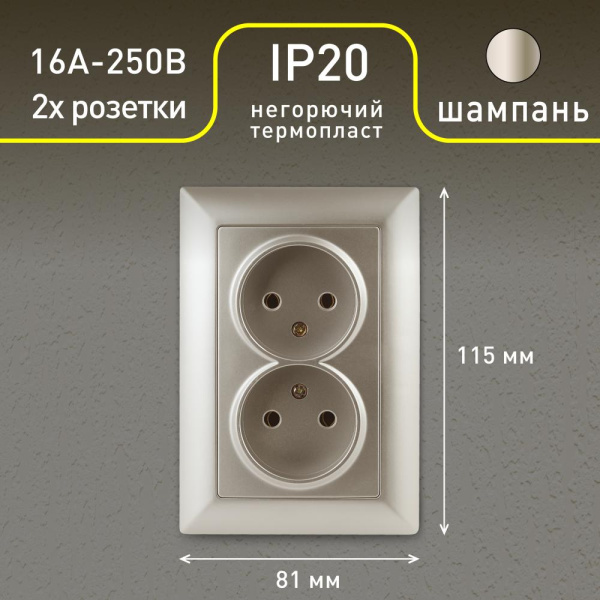 Розетка Intro Solo 4-204-04 без заземления 2х2P, 16А-250В, IP20, СУ, шампань