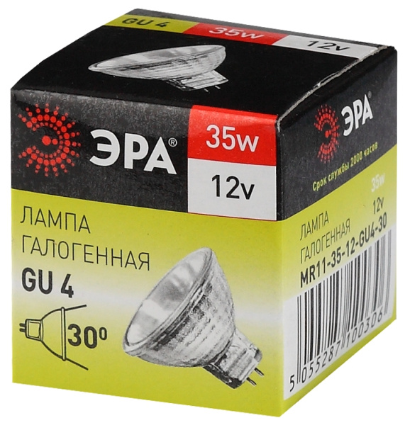 GU4-MR11-35W-12V-30CL  Лампа галогенная ЭРА GU4-MR11-35W-12V-30CL 35Вт софит теплый белый свет GU4