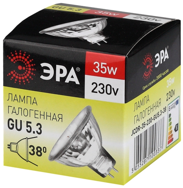 GU5.3-JCDR (MR16) -35W-230V-CL  Лампа галогенная ЭРА GU5.3-JCDR(MR16)-35W-230V-CL 35Вт софит теплый белый свет GU5.3