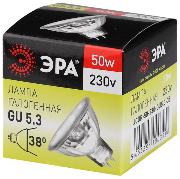 GU5.3-JCDR (MR16) -50W-230V-CL  Лампа галогенная ЭРА GU5.3-JCDR(MR16)-50W-230V-CL 50Вт софит теплый белый свет GU5.3