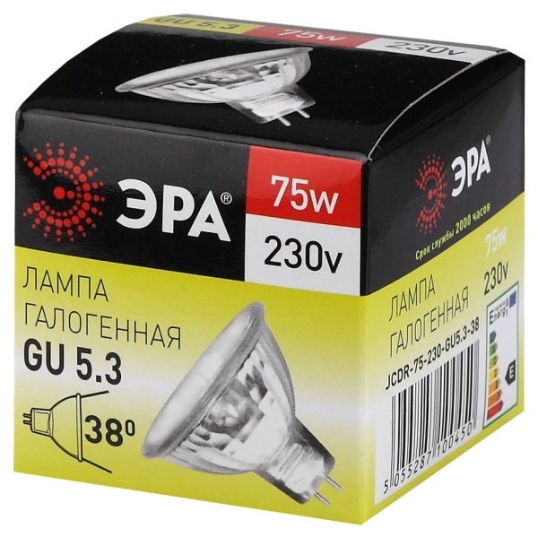GU5.3-JCDR (MR16) -75W-230V-CL  Лампа галогенная ЭРА GU5.3-JCDR(MR16)-75W-230V-CL 75Вт софит теплый белый свет GU5.3
