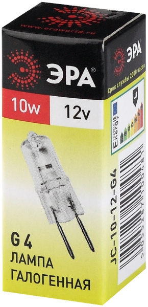 G4-JC-10W-12V  Лампа галогенная ЭРА JC-10W-12V-G4 10Вт капсула теплый белый свет G4
