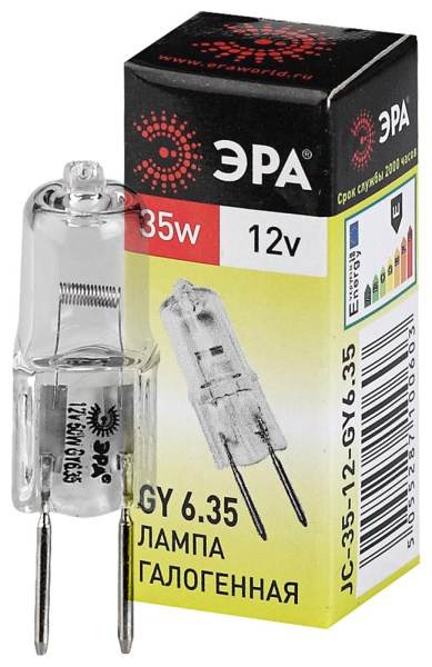 GY6.35-JC-35W-12V  Лампа галогенная ЭРА JC-35W-12V-GY6.35 35Вт капсула теплый белый свет GY6.35