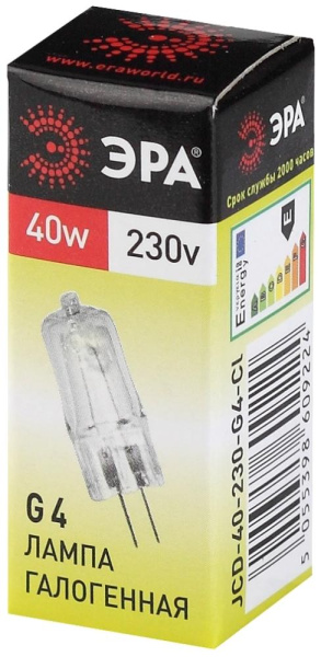 G4-JCD-40W-230V-CL  Лампа галогенная ЭРА JCD-40W-230V-CL-G4 40Вт капсула теплый белый свет G4