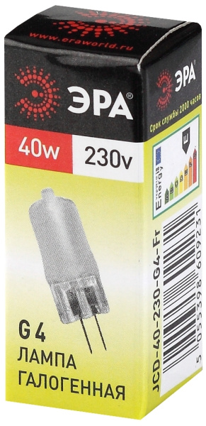 G4-JCD-40W-230V-FR  Лампа галогенная ЭРА JCD-40W-230V-G4-FR 40Вт капсула матовая теплый белый свет G4