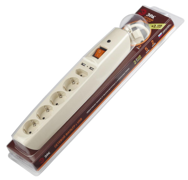 Сетевой фильтр ЭРА  SFU-5es-2m-I с надежной защитой с заземлением с выключателем 5 розеток 2xUSB 2м 10А слоновая кость