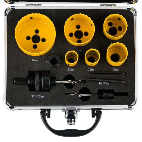 Набор коронок Bimetal (22, 25, 35, 40, 51, 67), 11 предметов, металлический кейс KRANZ