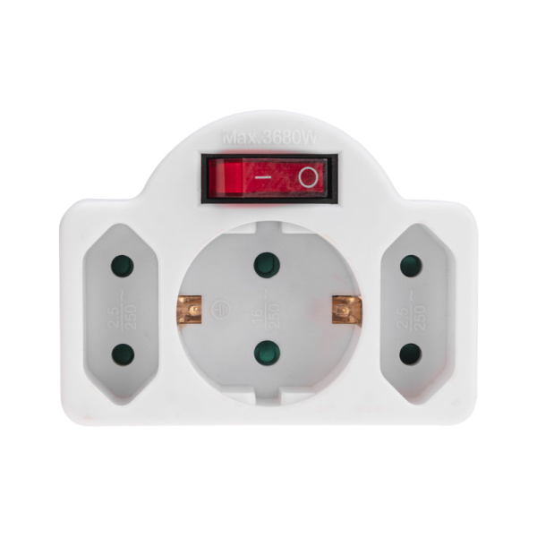 Тройник электрический 16А с/з + 2х2,5А с выключателем и защитными шторками, белый REXANT 