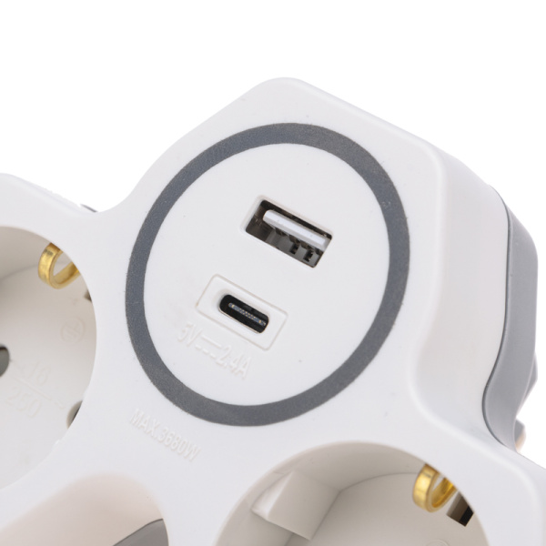 Двойник электрический (разветвитель) 16А с/з + USB-A + USB-C с защитными шторками, белый REXANT