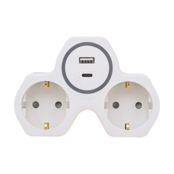 Двойник электрический (разветвитель) 16А с/з + USB-A + USB-C с защитными шторками, белый REXANT