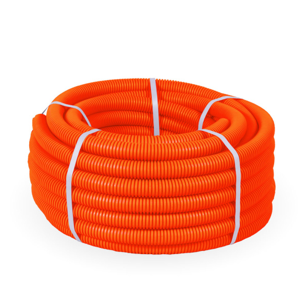 Труба гофрированная ПНД тяжёлая 750 Н безгалогенная (HF) оранжевая с/з d25 мм (50м/2600м уп/пал) Промрукав