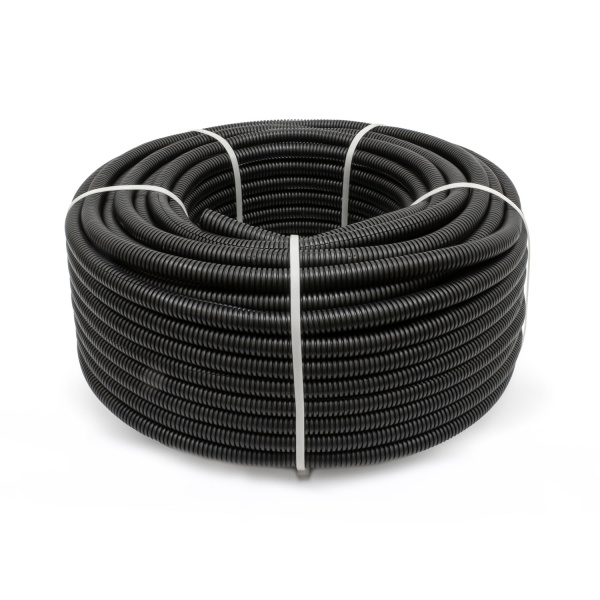 Труба гофрированная ПА безгалогенная (HF) стойкая к ультрафиолету разрезная черная dвн 9,8 мм, dнар 13,2 мм (50м/уп) Промрукав