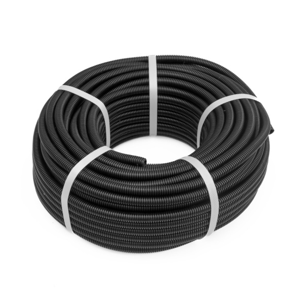 Труба гофрированная ПП легкая 350 Н безгалогенная (HF) стойкая к ультрафиолету черная dвн 9,8 мм, dнар 13,2 мм (50м/уп) Промрукав