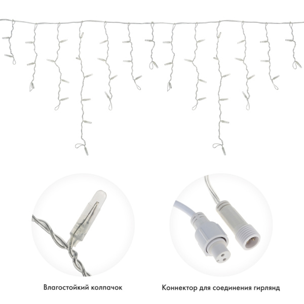 Гирлянда светодиодная Бахрома (Айсикл) 4,8х0,6м 176 LED БЕЛЫЙ прозрачный ПВХ IP65 эффект мерцания 230В нужен шнур 303-500-1 NEON-NIGHT