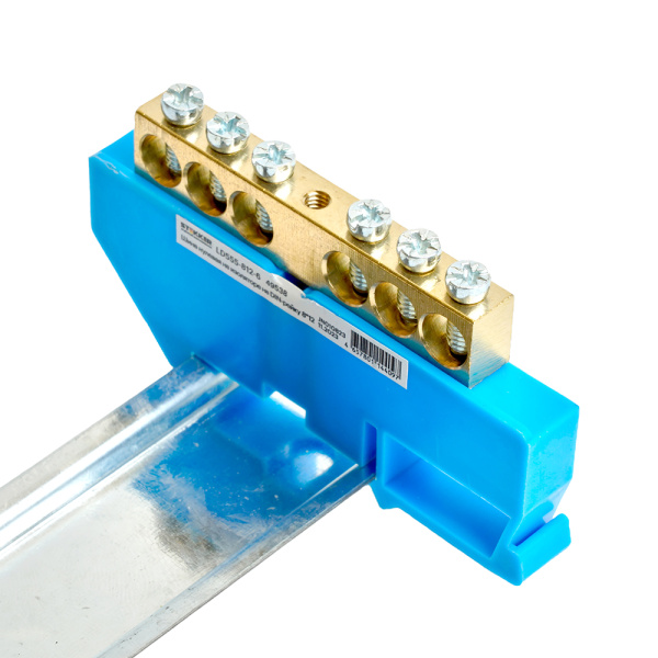 Шина"N" на изоляторе STEKKER 8*12 на DIN-рейку 6 выводов, синий, LD555-812-6