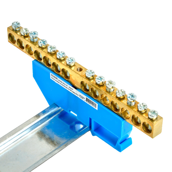 Шина"N" на изоляторе STEKKER 8*12 на DIN-рейку 14 выводов, синий, LD555-812-14