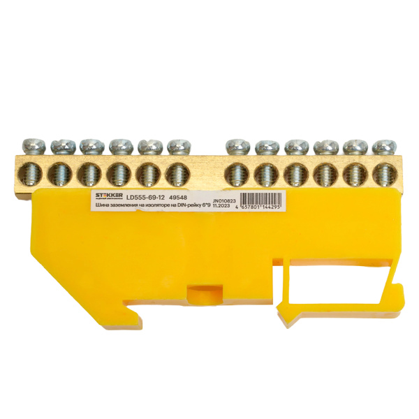 Шина"PE" на изоляторе STEKKER 6*9 на DIN-рейку 12 выводов, желтый, LD555-69-12