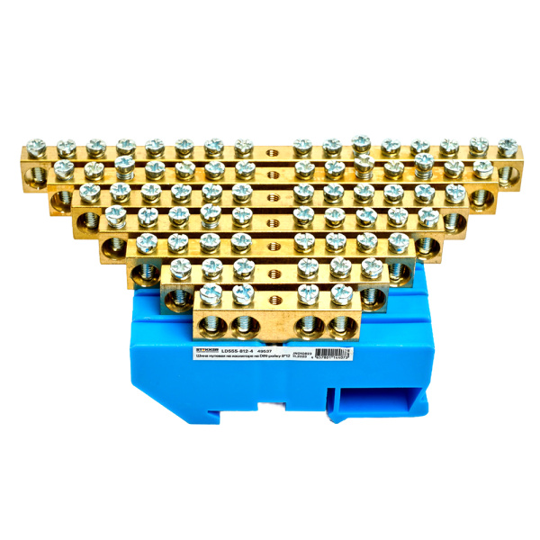 Шина"N" на изоляторе STEKKER 8*12 на DIN-рейку 4 вывода, синий,  LD555-812-4