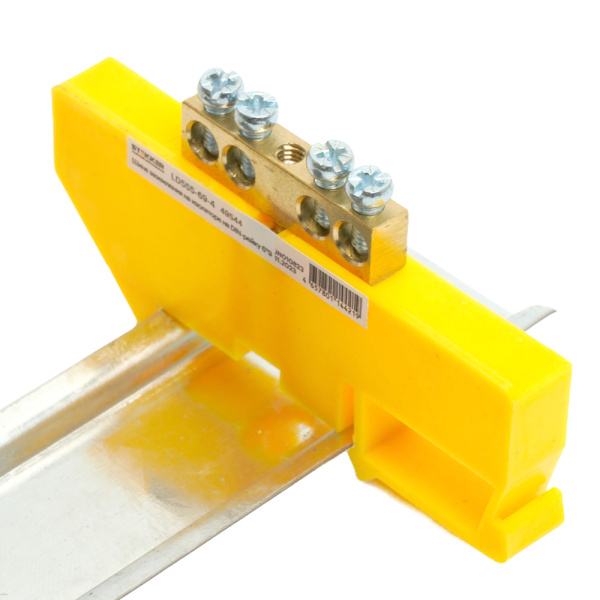 Шина"PE" на изоляторе STEKKER 6*9 на DIN-рейку 4 вывода, желтый, LD555-69-4