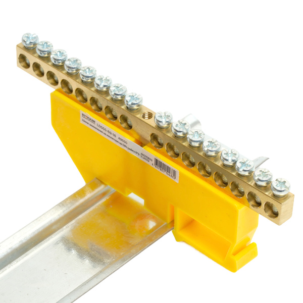 Шина"PE" на изоляторе STEKKER 6*9 на DIN-рейку 16 выводов, желтый, LD555-69-16
