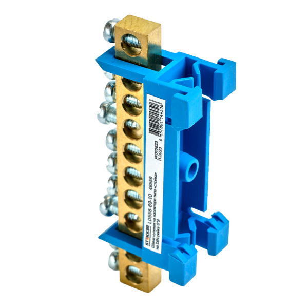 Шина "N" на изоляторе STEKKER 6*9 тип "стойка" на DIN-рейку 10 выводов, синий, LD556-69-10