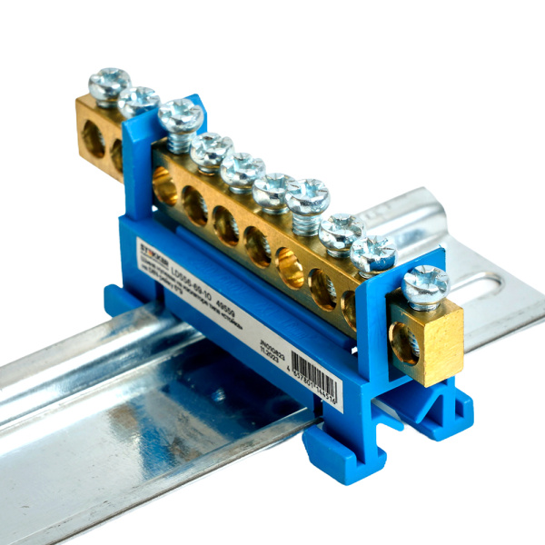 Шина "N" на изоляторе STEKKER 6*9 тип "стойка" на DIN-рейку 10 выводов, синий, LD556-69-10