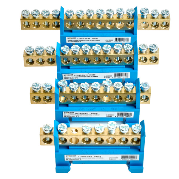 Шина "N" на изоляторе STEKKER 6*9 тип "стойка" на DIN-рейку 14 выводов, синий, LD556-69-14