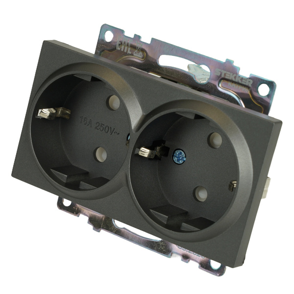 Розетка 2-местная с защитной шторкой (механизм) с/з, 250В, 16А, серия Катрин, графит, GLS16-7114-06