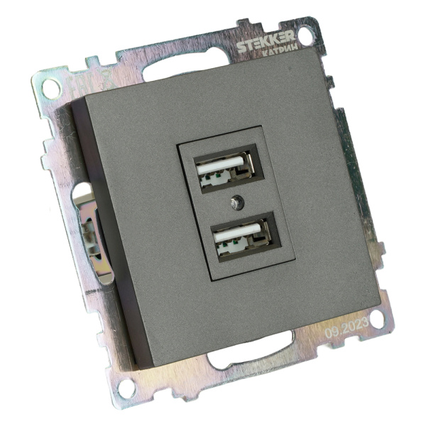 Розетка 2-местная USB (механизм), 250В, 2,1А, серия Катрин, графит, GLS10-7115-06