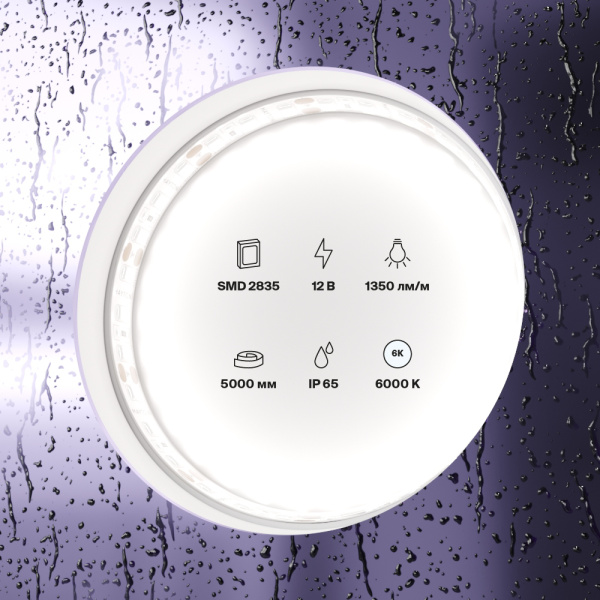 Светодиодная лента 12В 2835 14,4Вт/м 6000K 5м IP65