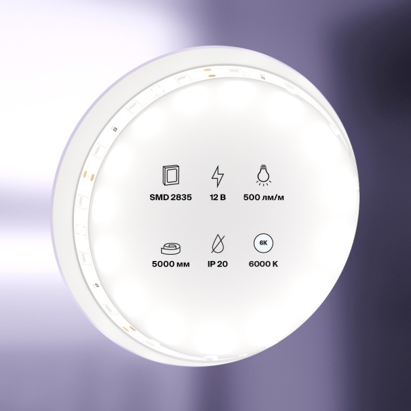 Светодиодная лента 12В 2835 4,8Вт/м 6000K 5м IP20