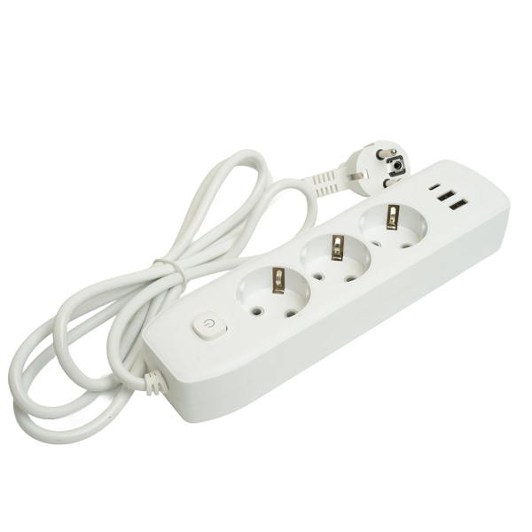 Удлинитель 3-местный c/з 3x1 мм2, 1,8 м, 250В, 10А, 2USB+1Type-C 2,4А, серия Home plus, белый STEKKER HM08-33-02