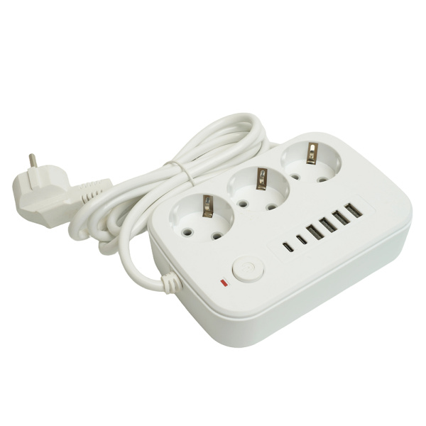 Удлинитель 3-местный c/з 3x1 мм2, 1,8 м, 250В, 10А, 4USB+2Type-C 2,4А, серия Home plus, белый STEKKER HM09-36-02