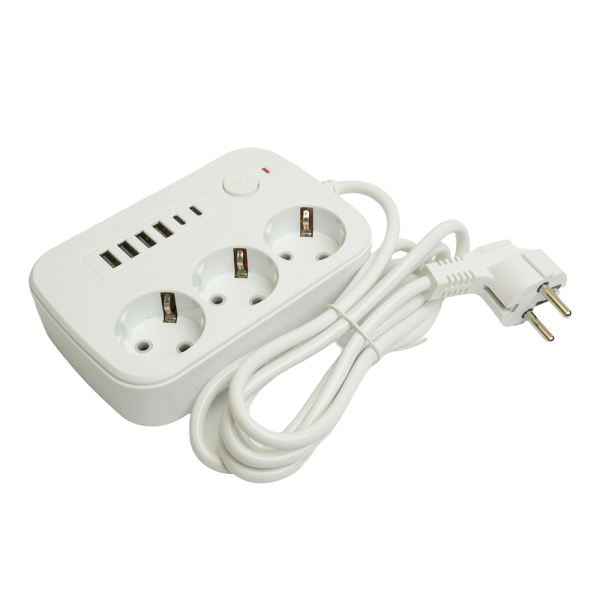 Удлинитель 3-местный c/з 3x1 мм2, 1,8 м, 250В, 10А, 4USB+2Type-C 2,4А, серия Home plus, белый STEKKER HM09-36-02