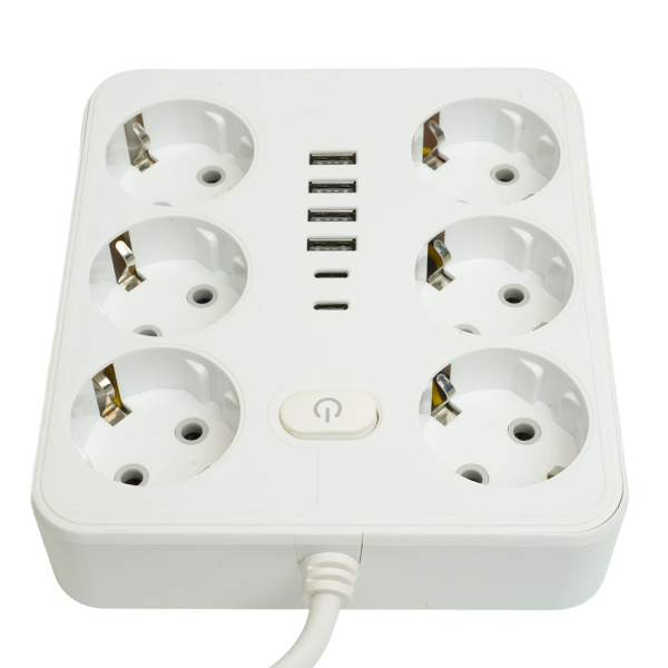 Удлинитель 6-местный c/з 3x1 мм2, 1,8 м, 250В, 10А, 4USB+2Type-C 2,4А, серия Home plus, белый STEKKER HM09-66-02